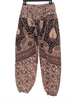 Nepalese Boho Floral Paisley Elastic Waist Harem Pants - Tan & Black